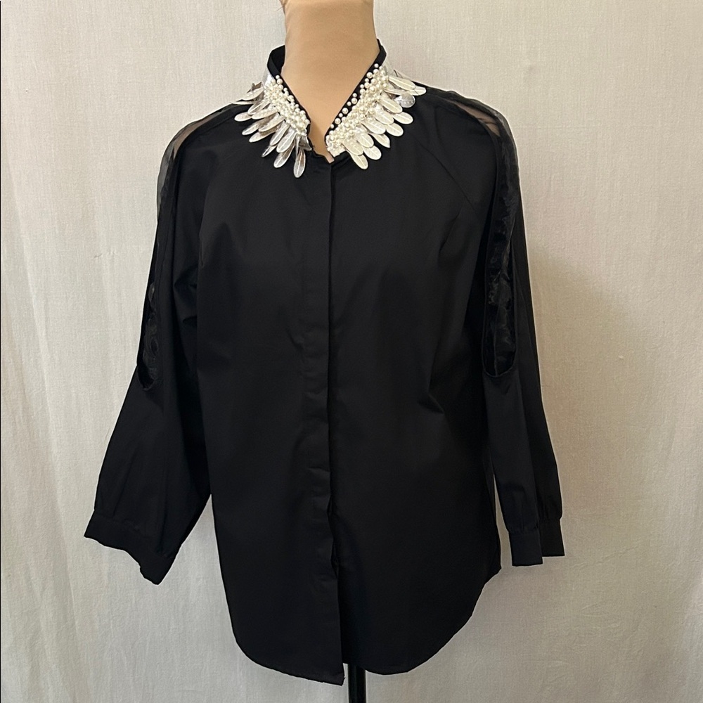 N by Nancy Black Blouse - Silver Embellished Collar | Size L | Statement Piece